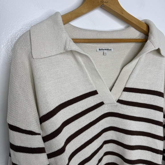 REFORMATION Francesco Brown and Cream Cotton Polo Sweater - Picture 3 of 6